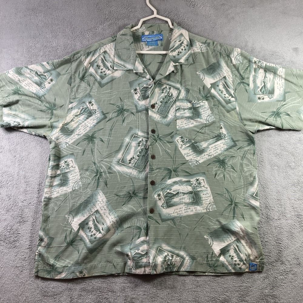 Bermuda Bay Hawaiian Shirt Men XXL 2XL Silk Green Floral Tree Aloha Button Up SS